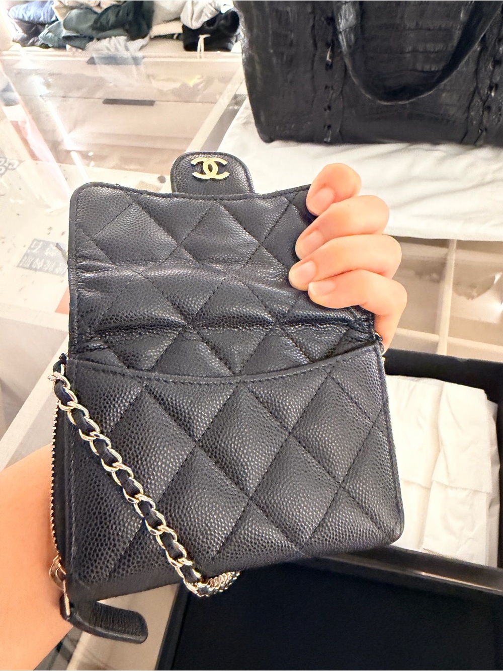 Authentic Chanel Black Quilted Caviar Leather Mini wallet on chain strap. w box! - Picture 2 of 6